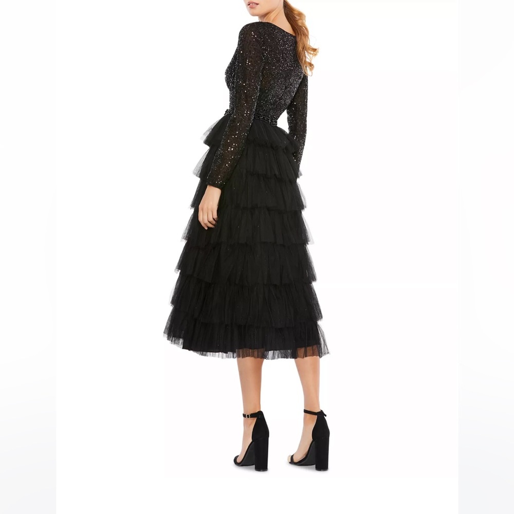 Mac Duggal Tiered Ruffle Crew Neck Long Sleeve Midi Dress -8